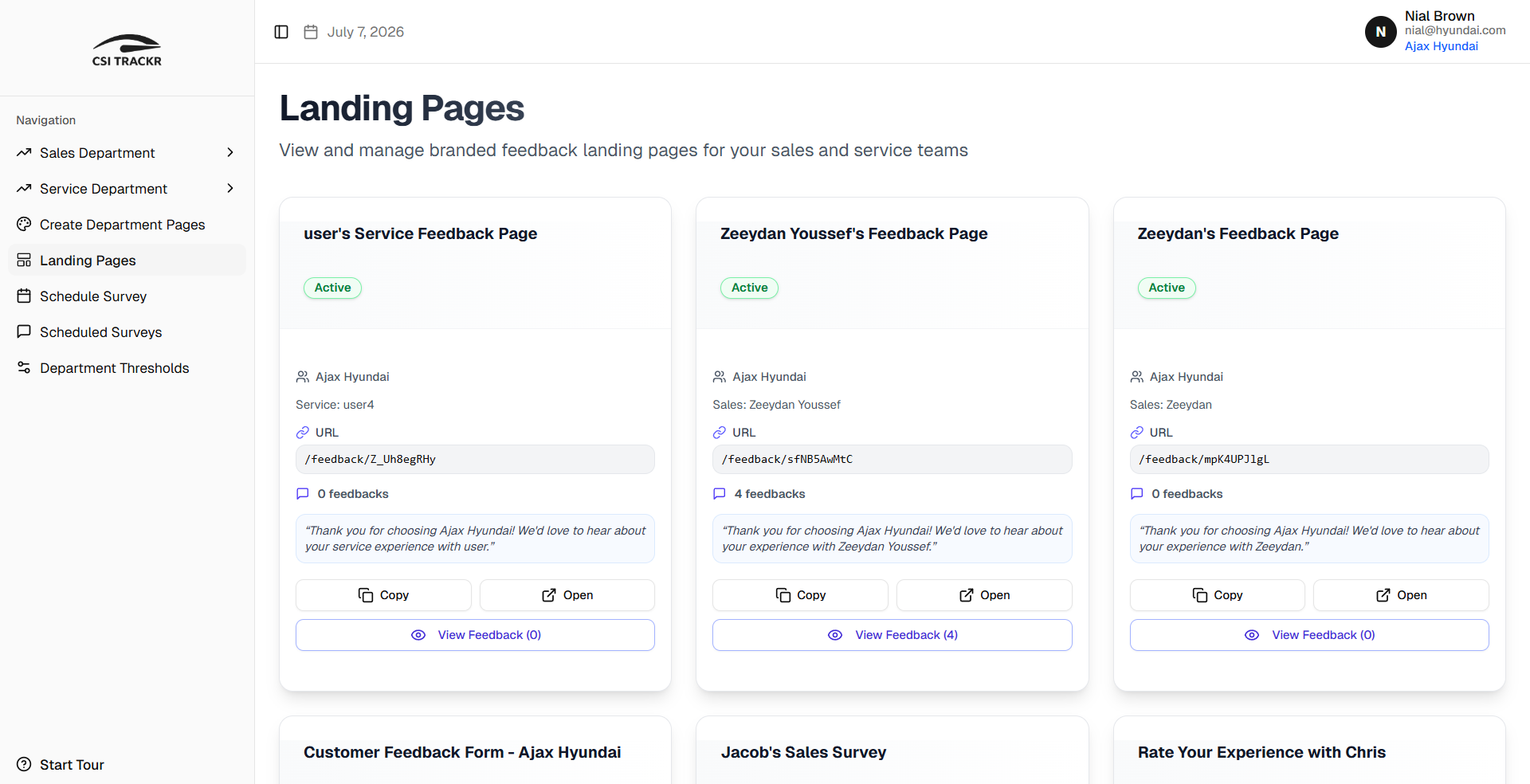 CSI Management module landing page for tracking dealership performance metrics