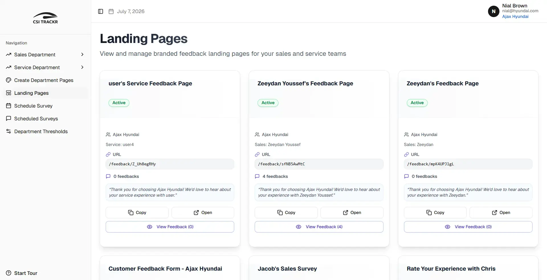 CSI Management module landing page for tracking dealership performance metrics
